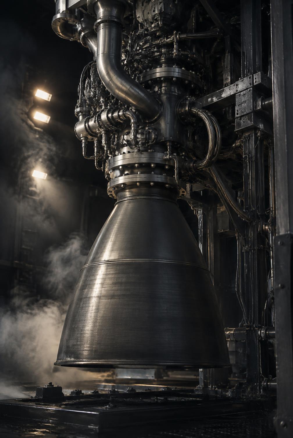 Rocket engine nozzle and turbopump assembly mounted on a test stand in a dark test bay
